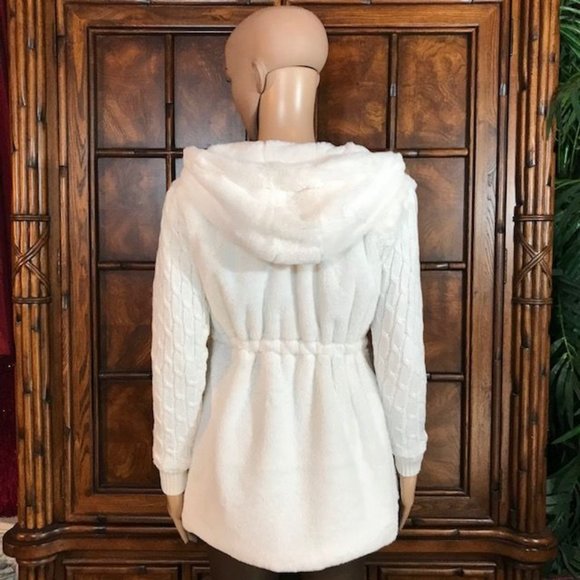 NWOT First Snow Mixed Faux Fur Cable Knit Sleeve Hooded Cardigan Coat - Picture 3 of 16
